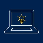 A blue icon of a computer with a lightbulb on the screen
